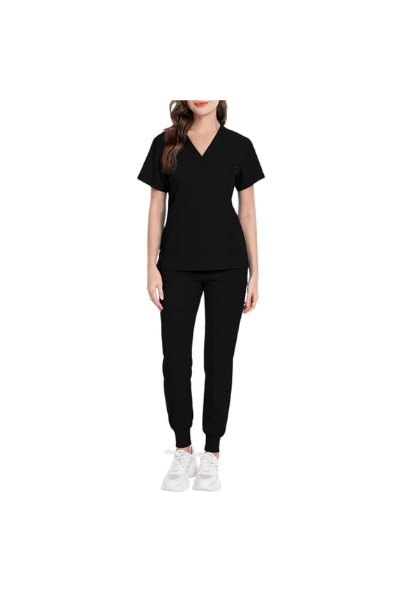 Scrubs for Women Set Clearance Plus Size Nursing Uniforms Stretchy V Neck Scrub Pants and Tops Jogger Scrubs Medical Uniforms Uniformes De Enfermeras De Mujer Black S