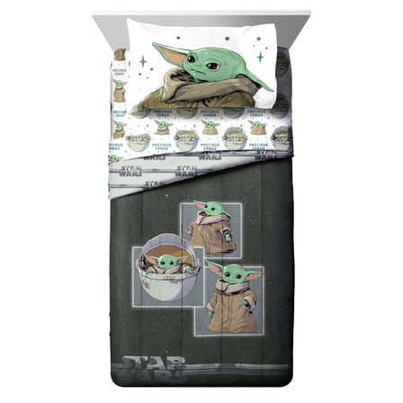 The Mandalorian Baby Yoda Kids 4 Piece Twin Bed Set, 100% Microfiber, Gray