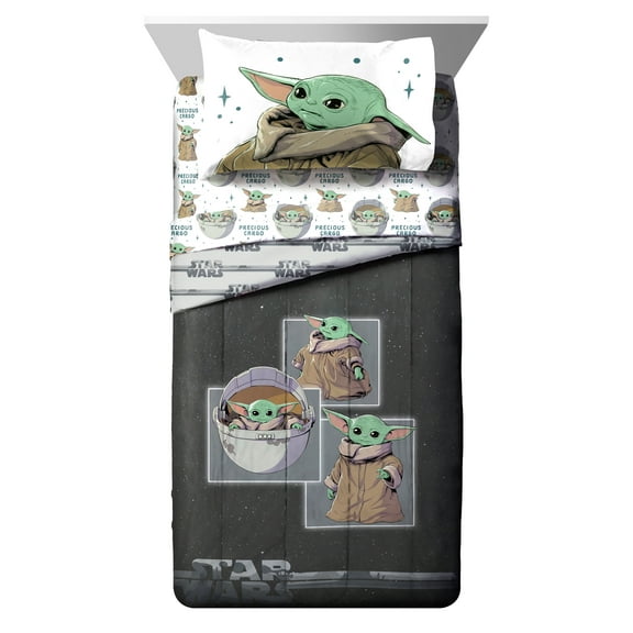 The Mandalorian Baby Yoda Kids 4 Piece Twin Bed Set, 100% Microfiber, Gray