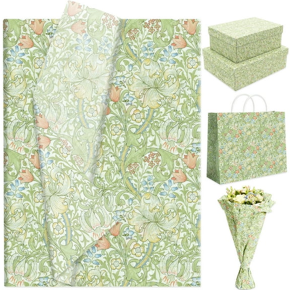 Green Leaf Lily Patterned Tissue Paper - Vintage Floral Design for Natural & Elegant Party Decor 50 Pack