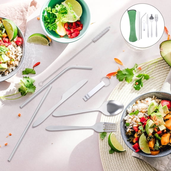 YUYUETIME Travel Utensil Set 1 Set Portable Stainless Steel Tableware Fork Cutter Spoon Straw Steak Green 6.9X2.4CM