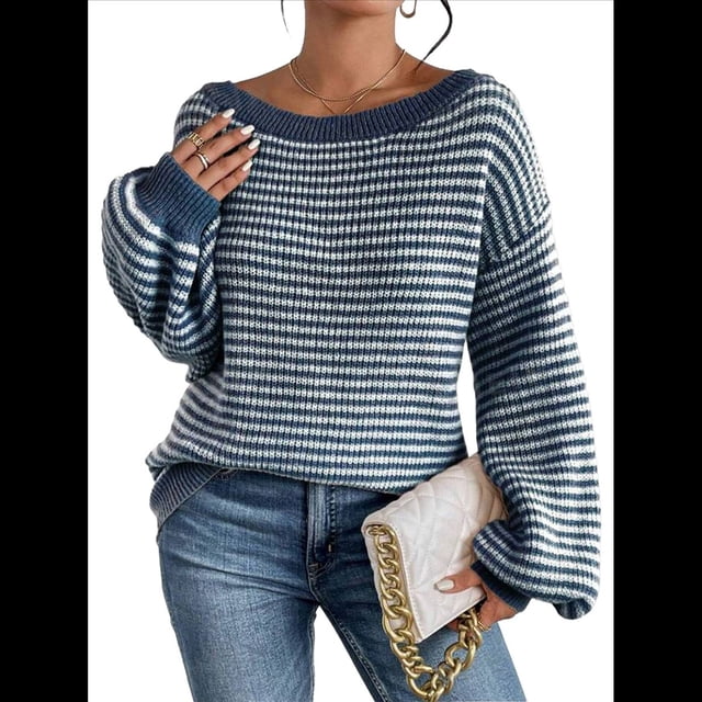 Suéter de Punto Holgado Informal de Larga con Rayas y Hombros Descubiertos para Mujer (Otoño 2025) Azul XXL
