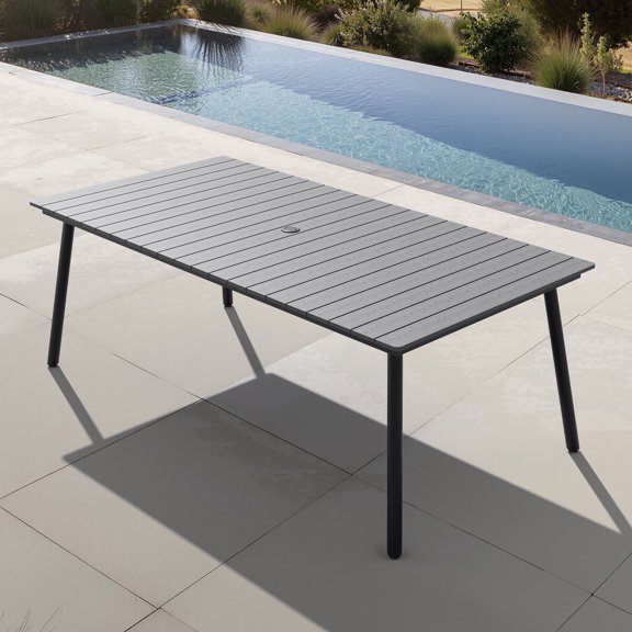 Crestlive Products 83" Patio Outdoor Dining Table for 6-8, Sturdy Aluminum Frame Wood-Grain Top with Umbrella Hole, Grey