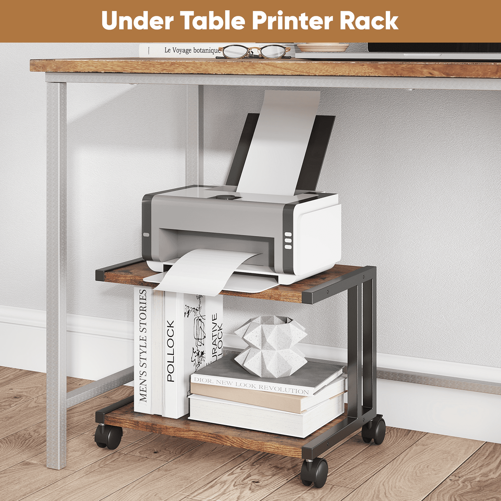 Petoto Printer Stand, 2 Tier Rolling Printer Table with Locking Wheels, Printer Cart for Under Desk, Home, Office, Rustic Brown