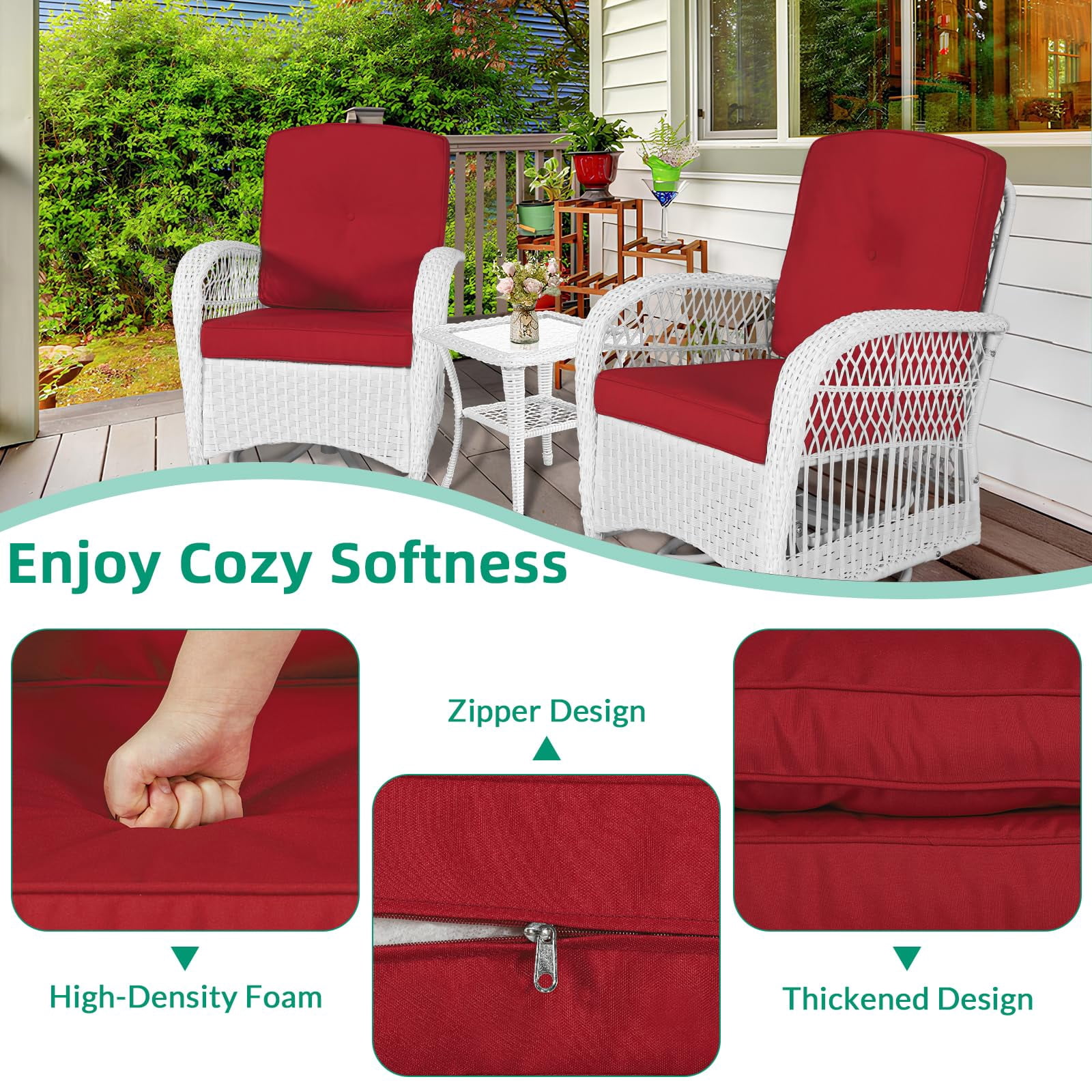 VIVIJASON 3-Piece Outdoor Conversation Bistro Set, Patio Swivel Glider Rocking Chairs Rattan Furniture Sets w/ 2 White Rattan Chairs, Glass Top Side Table for Porch Backyard, Red Cushions