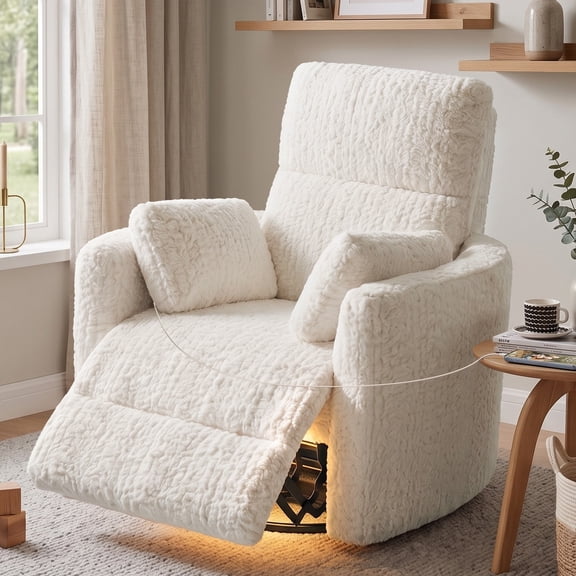 CDCASA Power Swivel Glider Rocker Recliner, Electric Nursery Rocking Chair with USB Type-C & LED, Faux Fur Upholstered Swivel Recliner for Living Room Bedroom Nursery, White