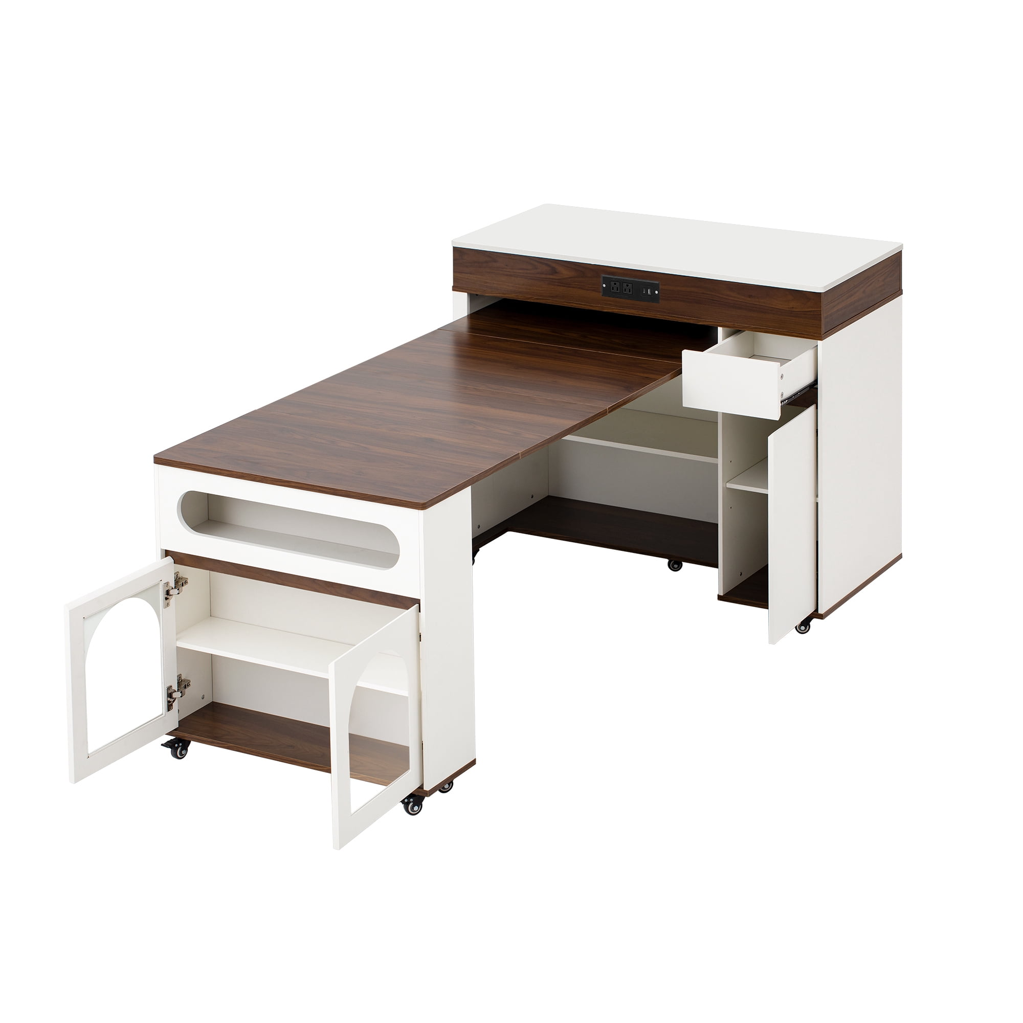 MODERNLUXE Extendable Dining Table with Extra-Long Folding Tabletop, Rolling Kitchen Island with Drawers,Power Outlet and Brake lock, Sideboard Storage Cabinet for Kitchen, Dining Room,Walnut