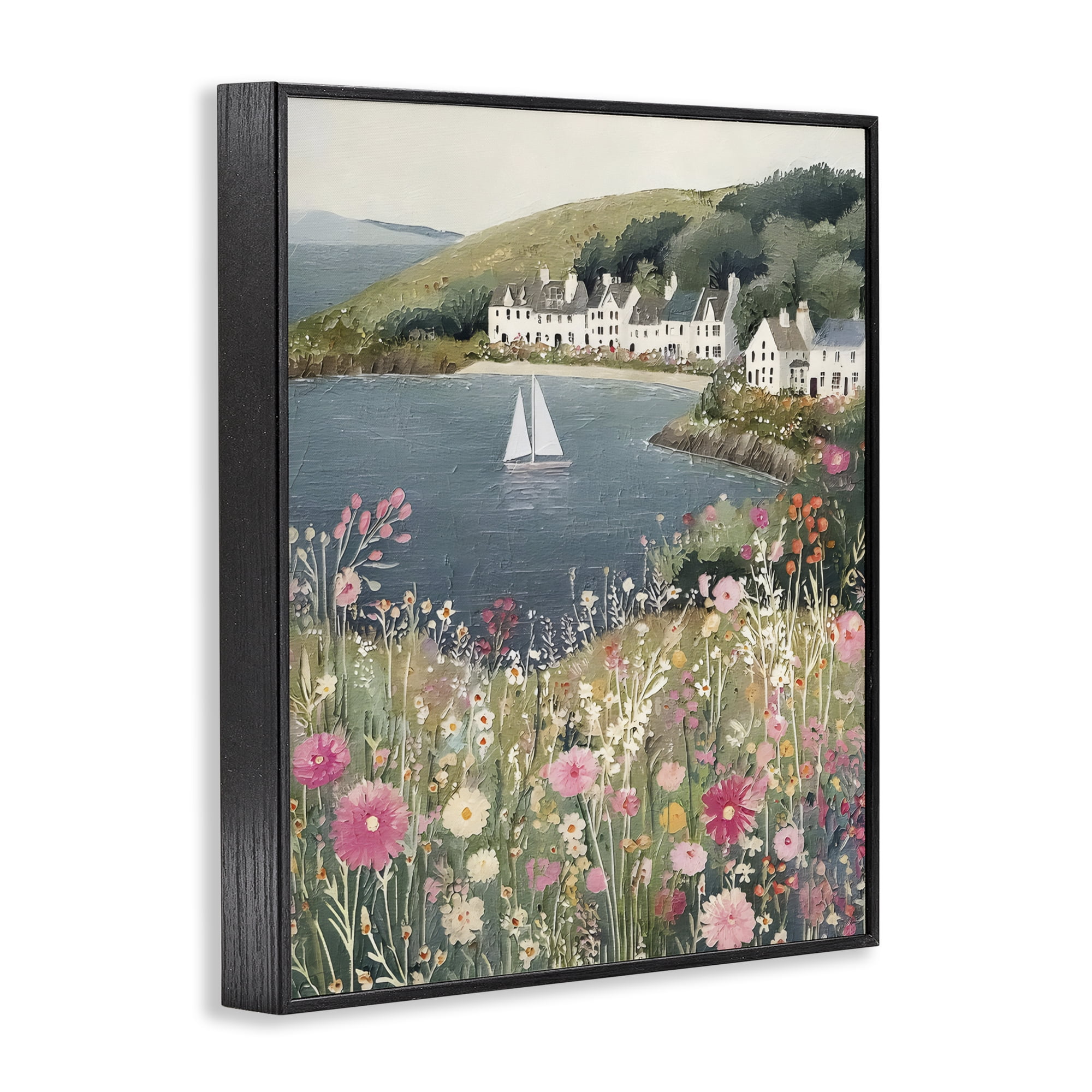 Stupell Industries Clifftop Meadow & Sailboat Black Framed Giclee Art, design by Riley B