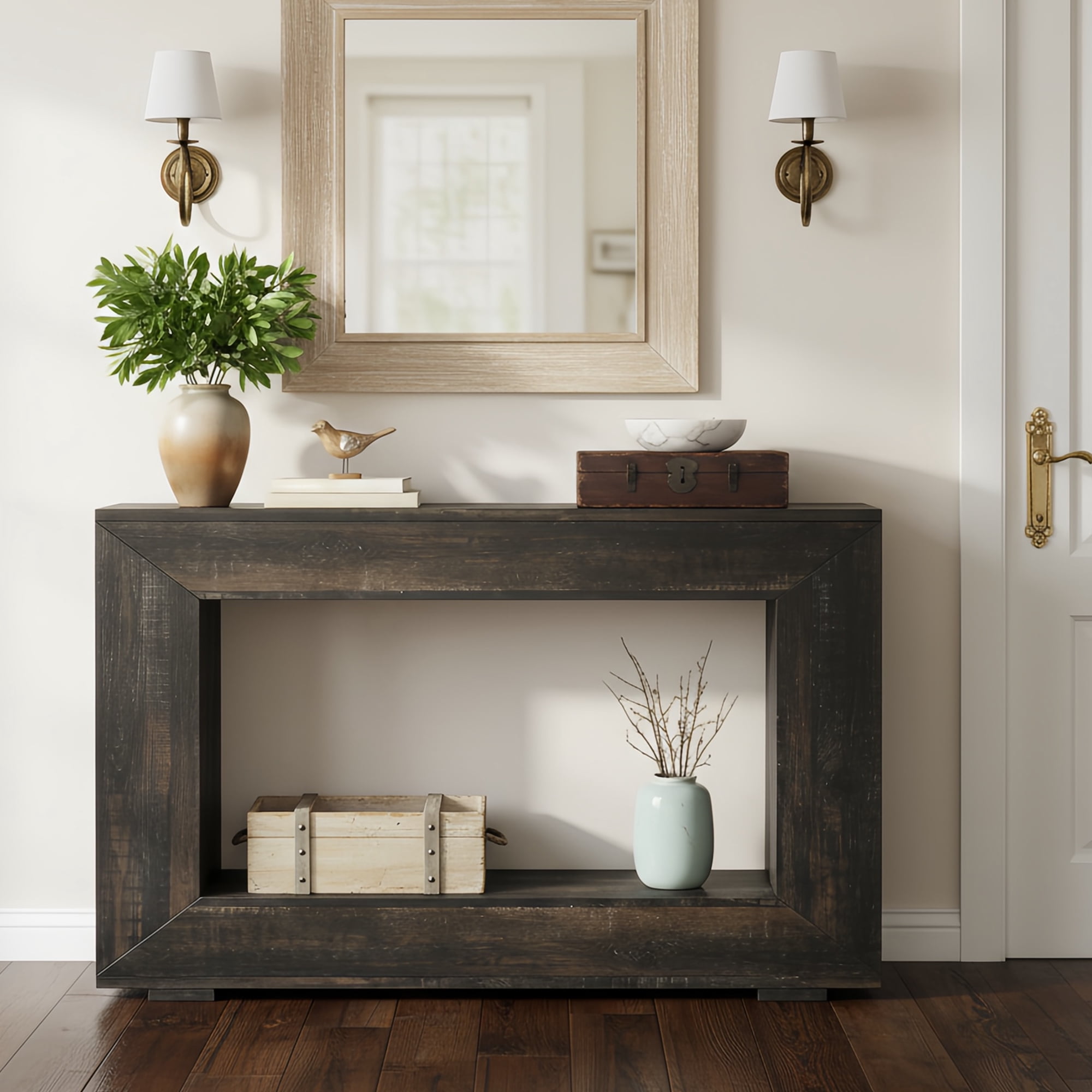 47" Farmhouse Industrial Console Table, Storage Entryway Table For Living Room, Foyer & Entrance With Wood Grain Finish (Black)
