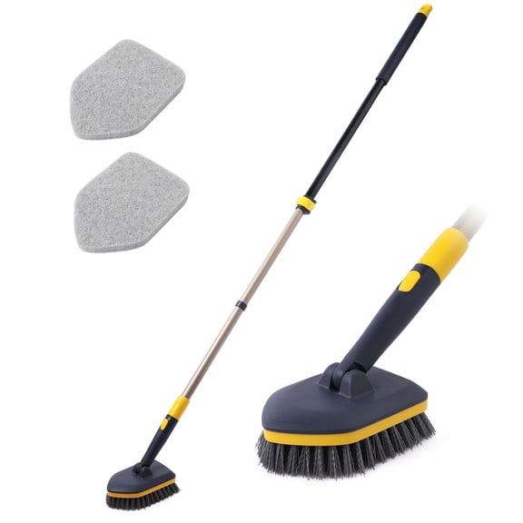 Yocada 2 in 1 Bath Tub Scrubber Brush with 58.2 in Extendable Long Handle Scouring Pads Bathroom Toilet Cleaning, Black