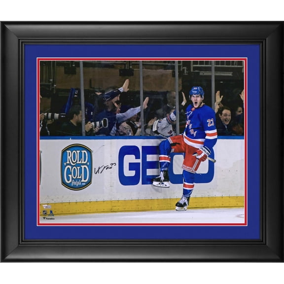 Adam Fox New York Rangers Framed Autographed 16" x 20" Blue Jersey Goal Celebration Photograph - Suede Mat Upgrade - Fanatics Authentic Certified