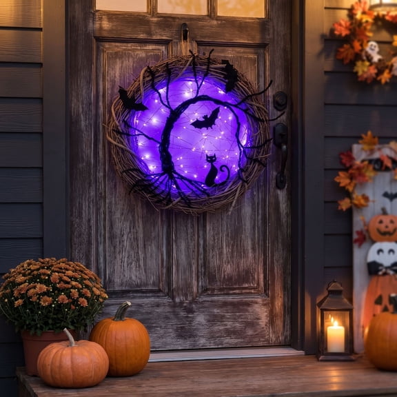 suore Halloween Wreaths for Front Door, Halloween Lighted Wreath with Bat and Cat Decor, LED Purple Lights Battery Operated, Front Door Porch Wreath Decorations for Holiday Party