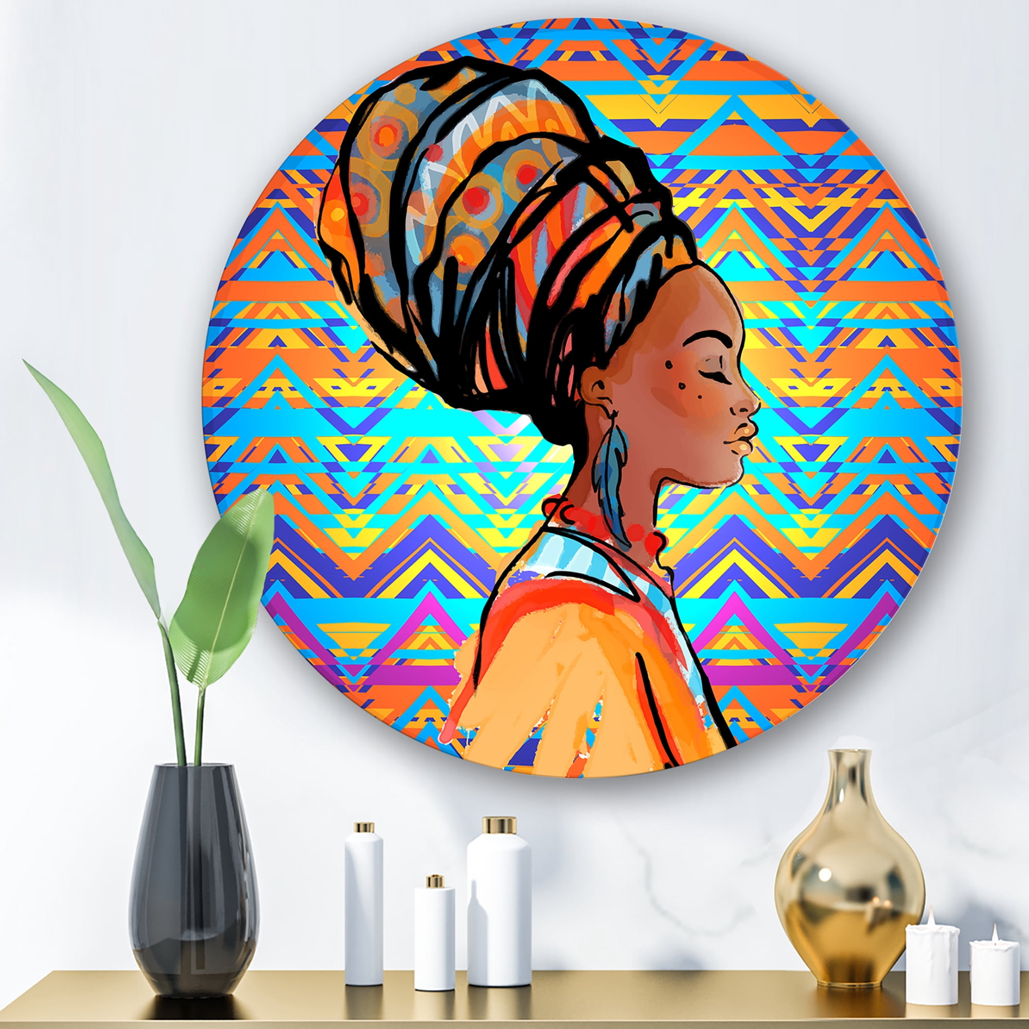 Designart 'African American Woman Portrait with Turban IV' Modern Circle Metal Wall Art 11x11 - Disc of 11