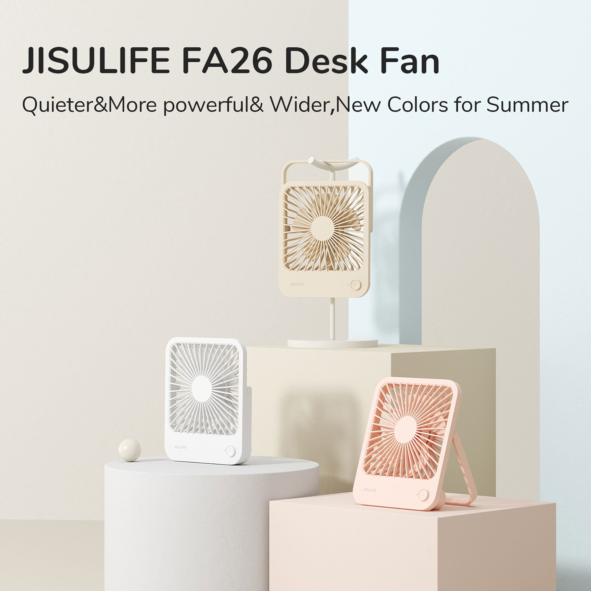 JISULIFE Desk Fan Battery Rechargable Fan，4500mAh 180°Foldable Portable Personal Fan, 4 Speeds Adjustable Long Battery-life for Home Office Travel Outdoor-Pink
