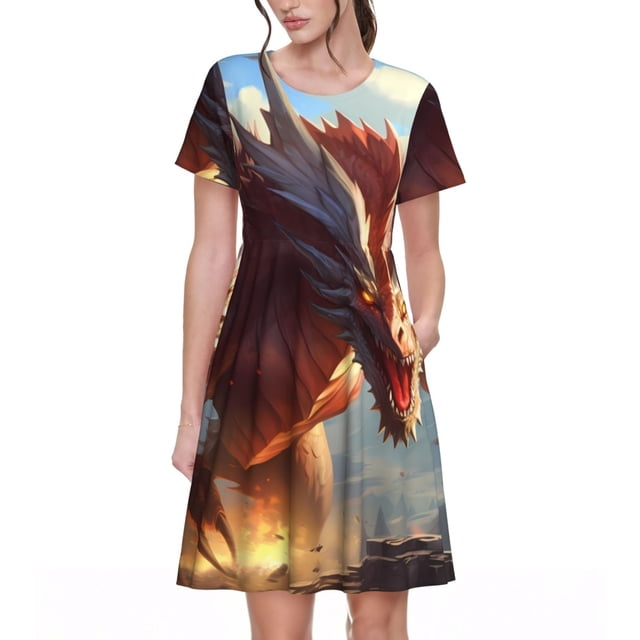 Balery Ferocious Dragon Fury Vestidos sueltos de manga corta para mujer, vestidos de verano 2025, vestidos casuales de corte A con vuelo.