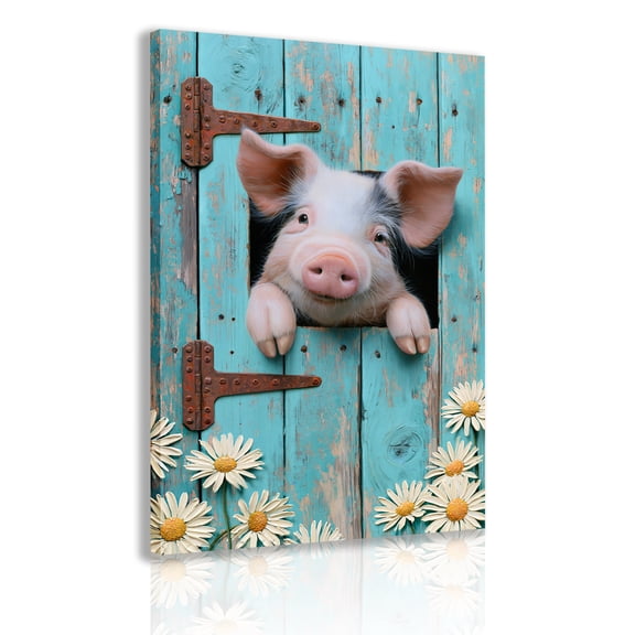 "Little Pig Peeking from Behind the Blue Barn Door" — Fun Framed Canvas Wall Art — White Daisy Painting & Adorable Farm Piglet Poster — Ideal for Rustic, Country-Style Home Decor