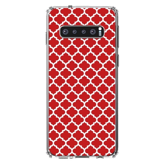 DistinctInk Clear Shockproof Hybrid Case for Samsung Galaxy S10 (6.1" Screen) - TPU Bumper, Acrylic Back, Tempered Glass Screen Protector - Red White Moroccan Lattice