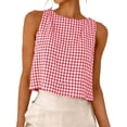 thumbnail image 6 of Mifsaly Sleeveless Crop Tops Women Boat Neck Summer Casual Plaid Cropped Tank Top Cotton Linen Going Out Party Reversible Lightweight Outfits XXL, 6 of 8
