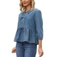 thumbnail image 4 of BLUSAS DE MEZCLILLA PARA MUJER INSPIRE CHIC CON LAZO FRONTAL Y MANGAS PUFF HEM VOLANTE PEPLUM CAMISAS DE JEAN L AZUL, 4 of 6