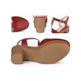 thumbnail image 2 of BLISSFUL STEP Women's Platform T-Strap Block Heels Sandals Solid Round Toe Faux Leather Shoes Red 10, 2 of 5