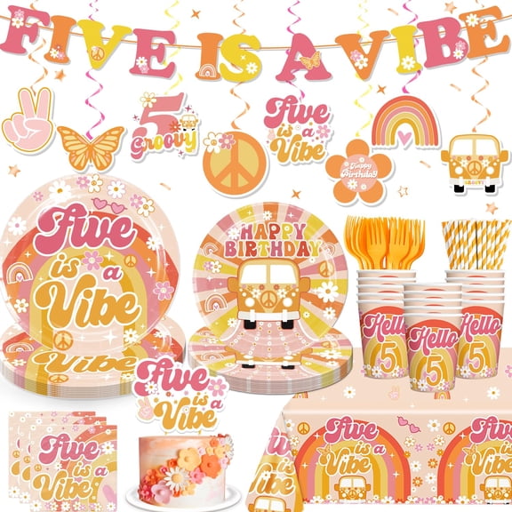 171pcs Five is a Vibe Birthday Party Decorations Tableware Set, 5 is a Vibe Thick Plates Banner Tablecloths and Cake Topper with Cupcake Toppers for 5th Birthday Decorations Girl, Serves 25 C113