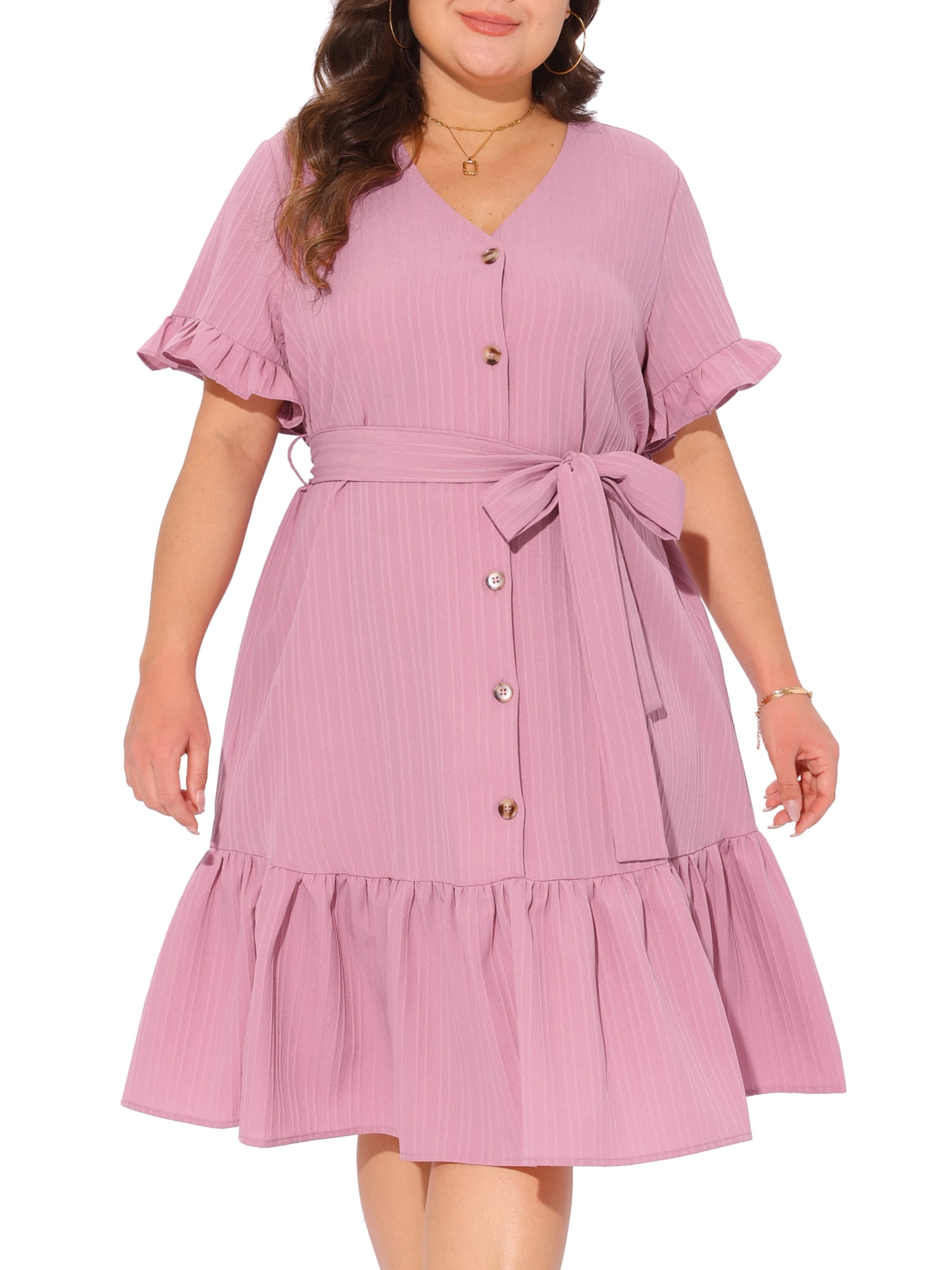 DARING DIVA Plus Size V Neck Short Sleeves Ruffle Hem Beach Dress 3X Pink