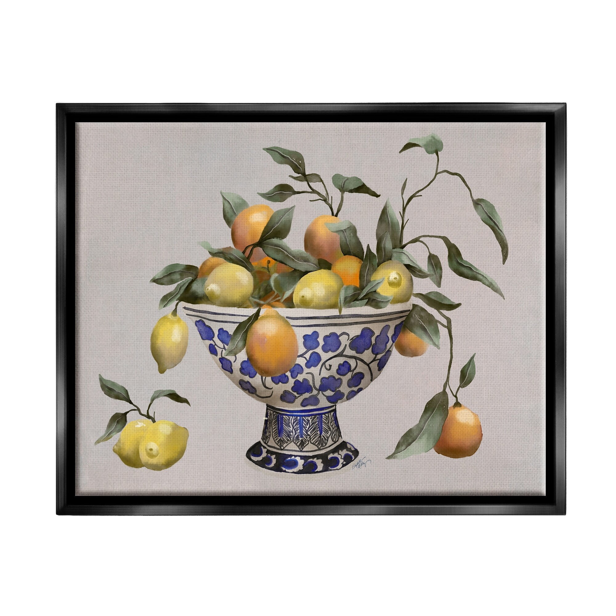 Stupell Industries Mixed Citrus Fruits Leaves Patterned Pottery Bowl Graphic Art Jet Black Floating Framed Canvas Print Wall Art, Design by Elizabeth Medley