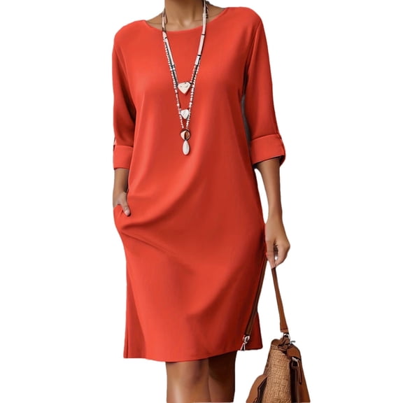 BRGZLK Women's Solid Color Linen Dress Casual Fashion Summer 3/4 Sleeve Boat Neck Versatile Loose Fit Mini Dress with Pockets Red XXL