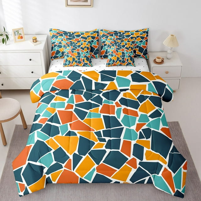 YST 7 Piece Colorful Geometric Bed In A Bag King,Irregular Pattern Bedding Set for Kids Boys Teens,Western Abstract Comforter Set,Geometry Stone Sheet Set with Pillowcases
