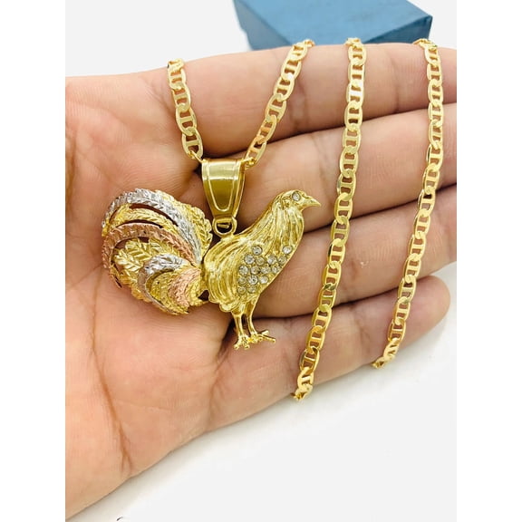 18K Gold F Rooster Necklace Pendant CZ Womens Mens 24" Mariner Medalla Gallo - Prime Jewelry 269