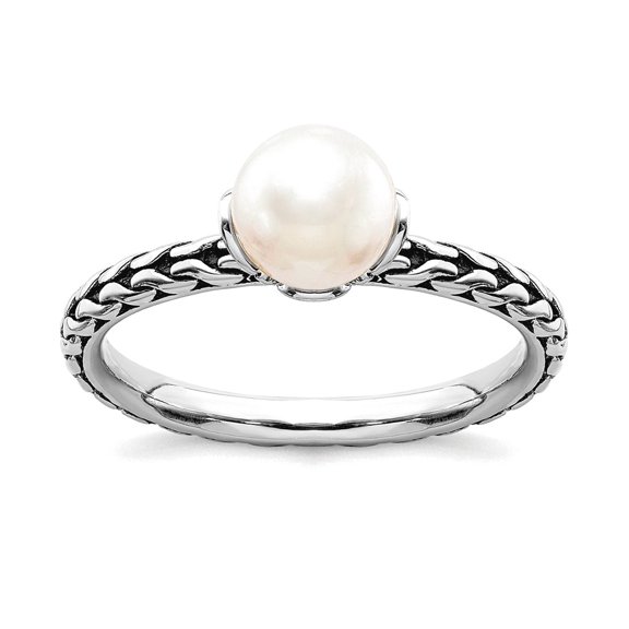 925 Sterling Silver Oxidized Stackable 7.0-7.5mm White Freshwater Cultured Pearl Ring Size 8 Stackable Ring for Women