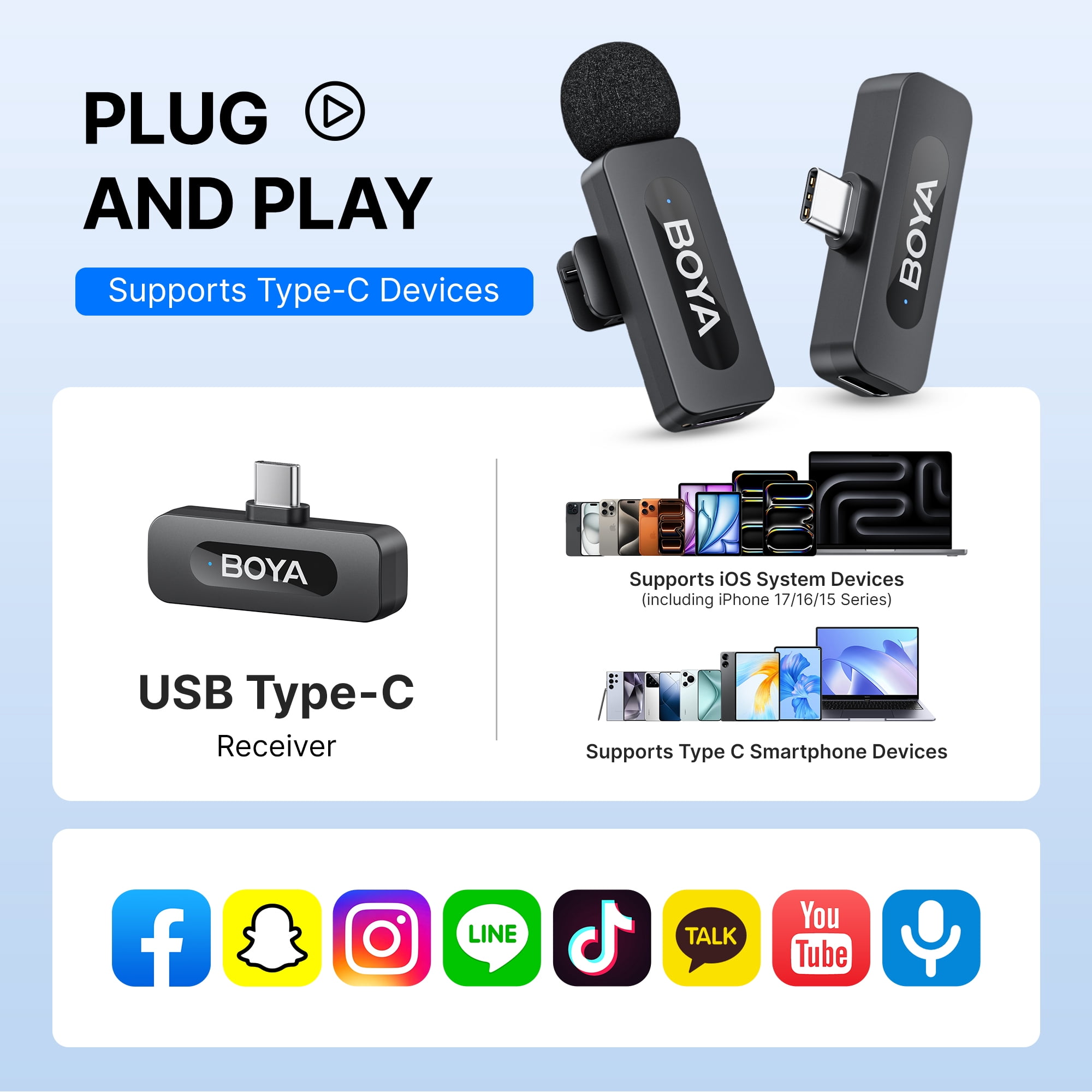 BOYA BY-V10 Wireless Microphone for iphone 15/16/17, 328Ft Transmission with 9H Battery, AI Noise Reduction, Use while Charging, for Live Streaming and Video Creation