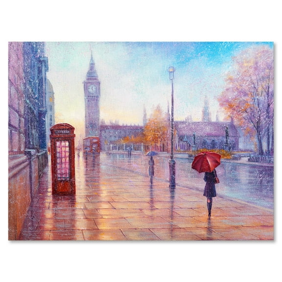 Designart ' Big Ben and Woman With Red Umbrella In London Street ' French Country Canvas Wall Art Print