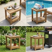 Naipo Outdoor Side Table for Patio, Double Deck Adirondack End Table, Weather Resistant HDPS Rectangular Patio Table for Deck Garden Poolside, All-Weather Outdoor Furniture, Easy Assembly - Teak