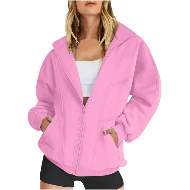 Mgmyaa Women's Oversized Zip-Up Fleece Jacket Sweatshirt Long Sleeve with Pockets for Fall Casual Comfort Lightweight Polyester