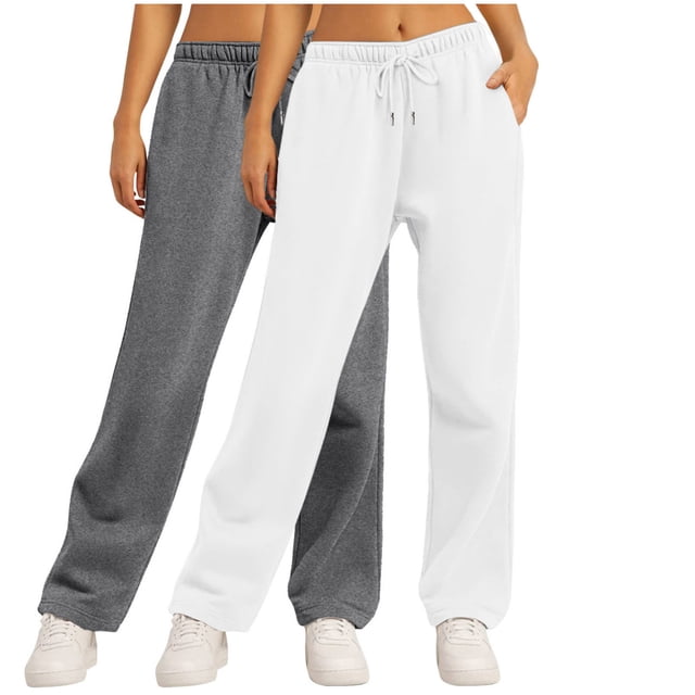 FAIWAD 2pc Straight Leg Sweatpants for Women Solid Color Elastic Waist Loose Jogger Pants with Drawstring