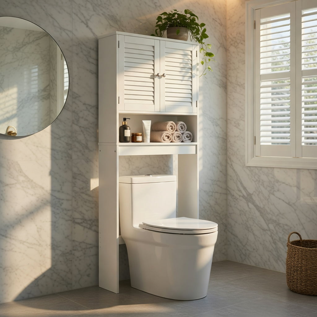 Hommoo Over the Toilet Storage Cabinet with Adjustable Shelf, Double Louvered Doors, MDF Bathroom Organizer for Small Spaces, White