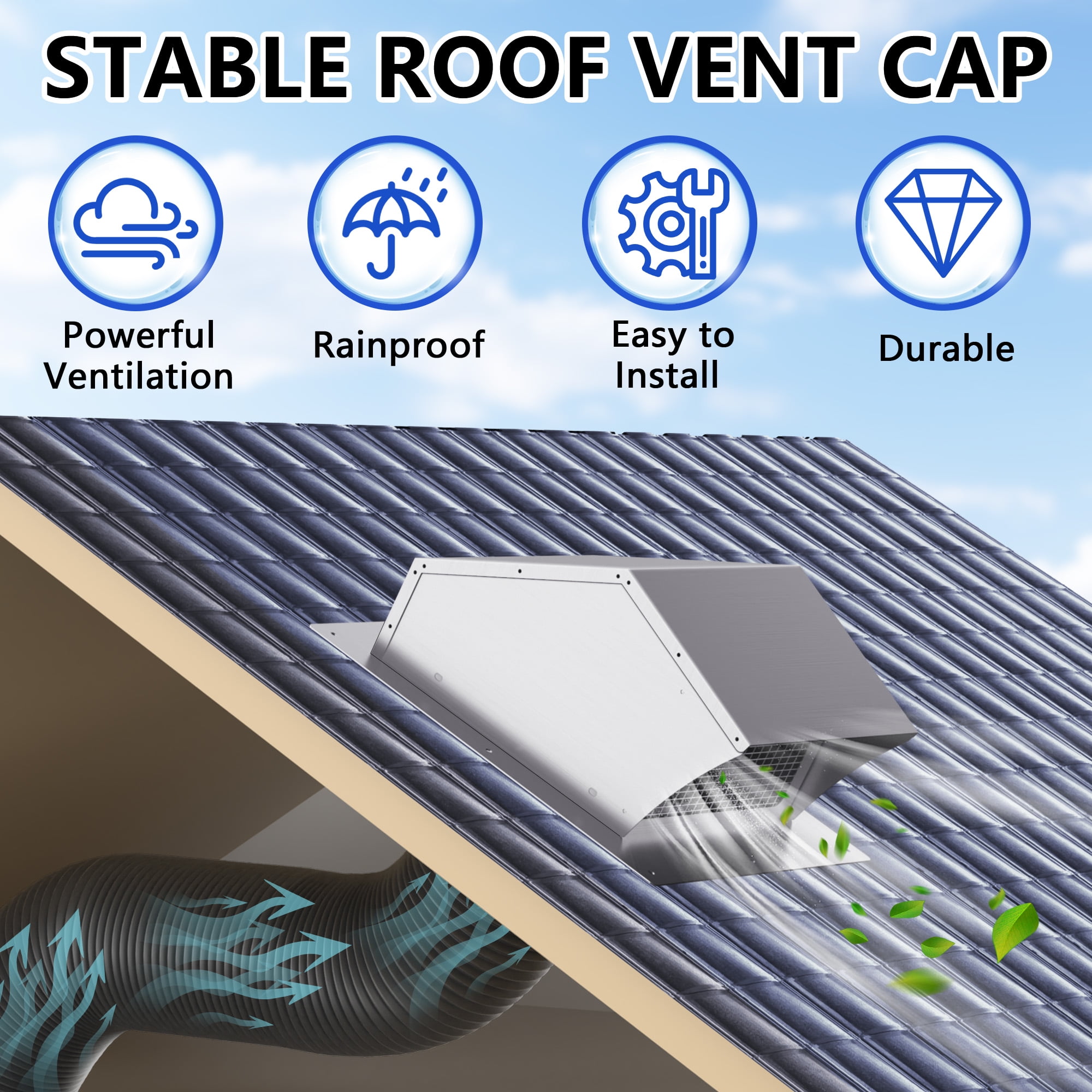 CKSFAN 10 Inch Stainless Steel Removable Roof Vent Cap with Damper - Durable Exhaust Cover for Rooftop Ventilation Systems