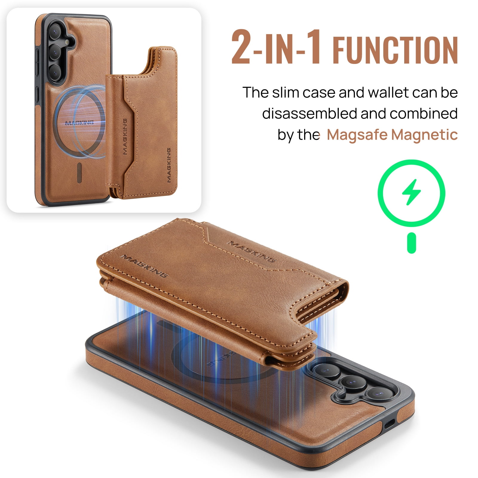 Designed for Samsung Galaxy S25 Wallet Phone Case,Magnetic Detachable Flip Card Holder,Back Flip Kickstand,Compatible with Mag-Safe,2-in-1 PU Leather Heavy Duty Shockproof Phone Case,Brown