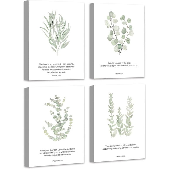 FRAMED Inspirational Scripture Canvas Wall Art | Motivational Christian Wall Art| Bible Verse Art Prints | Light Green Botanical Painting Picture | Religious Wall Decor | Set of 4