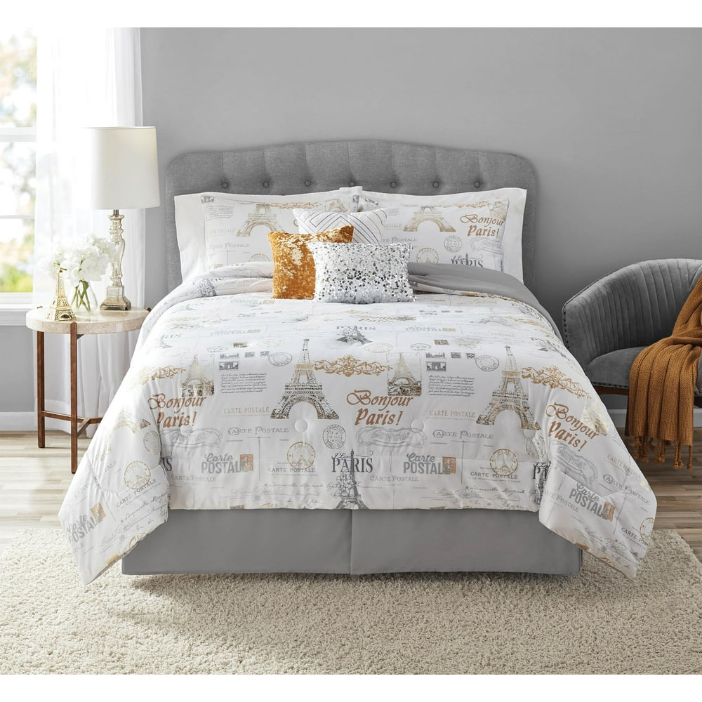 Mainstays Glam Paris French Printed 7 Piece Comforter Set, King, Gold