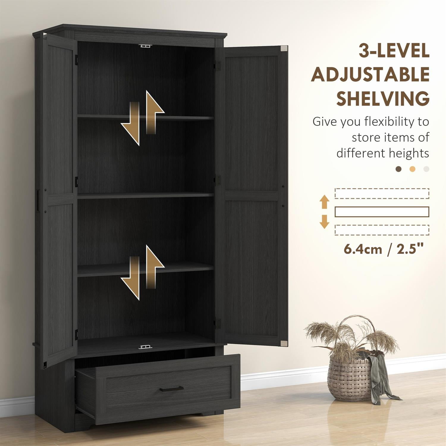 Demi Bonn 69" Tall Kitchen Pantry Cabinet with 2 Doors, Drawer & Adjustable Shelves - for Dining Room Storage, Strong & Durable Wood Construction, Black