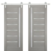 Sturdy Double Barn Door 64 x 84 inches with Frosted Glass | Quadro 4088 Grey Ash | Stainless Steel 13FT Rail Hangers Heavy Set | Solid Panel Interior Doors