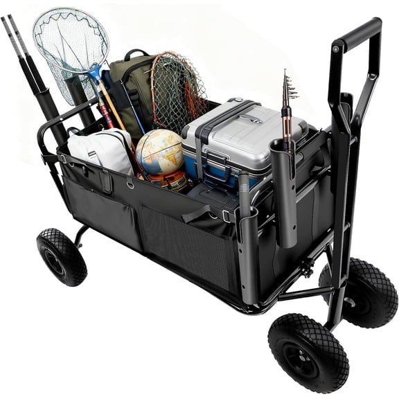 Jacgood Beach Fishing Cart, 352 lbs Load Capacity, Foldable Fishing Wagon with Wheels Rubber Balloon Tires, Heavy-Duty Fishing Wagon with 6 Rod Holders, for Picnic