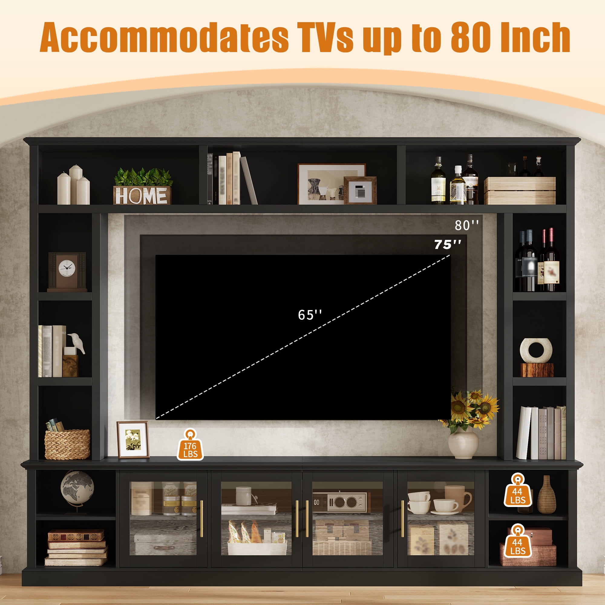 Euroco Entertainment Center Wall Unit for TVs up to 80", All-in-One Modern TV Stand with Bookshelves & Tempered Glass Doors, TV Console Unit with Shelving for Living Room, Entertainment