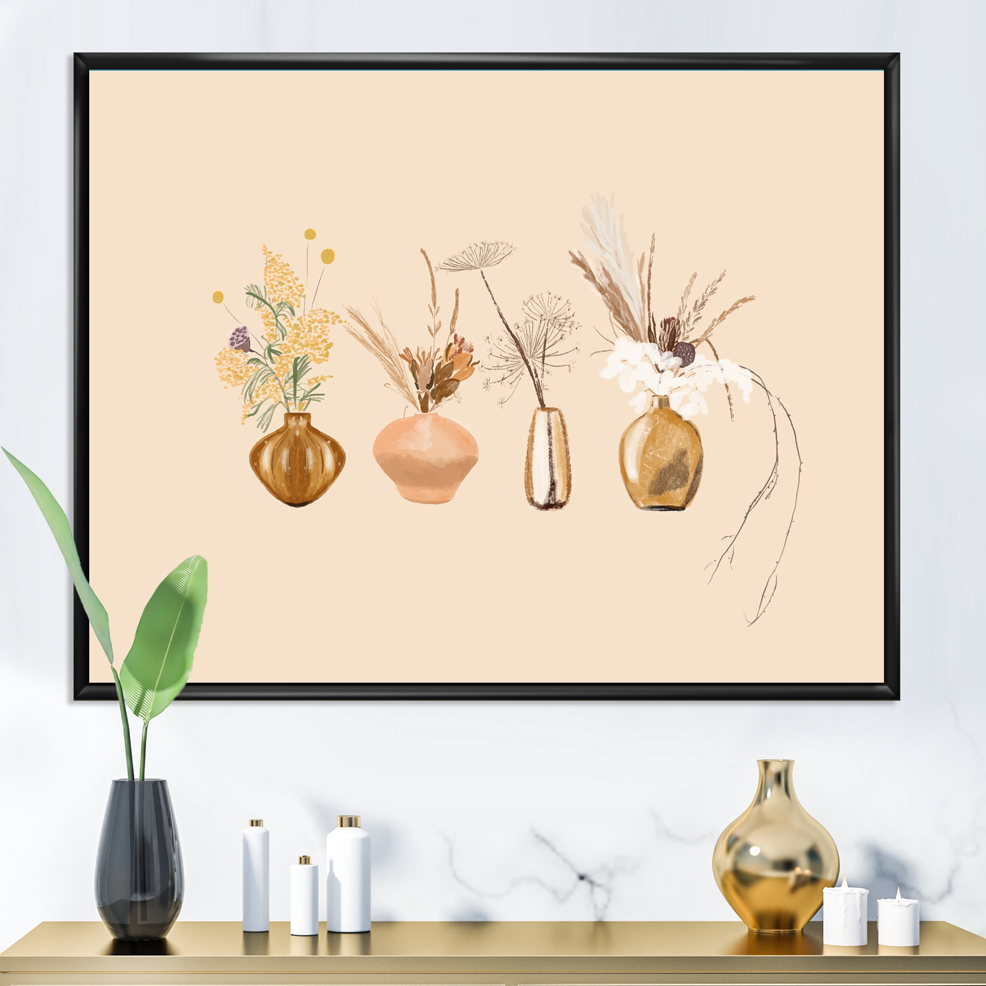 Designart 'Gold Vases With Bouquets Of Wildflowers II' Traditional Framed Canvas Wall Art Print