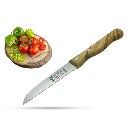 SMI Serrated Tomato Paring Knife with Professional Olive Wood Handle - Solingen Made in Germany Knife, Not Dishwasher Safe