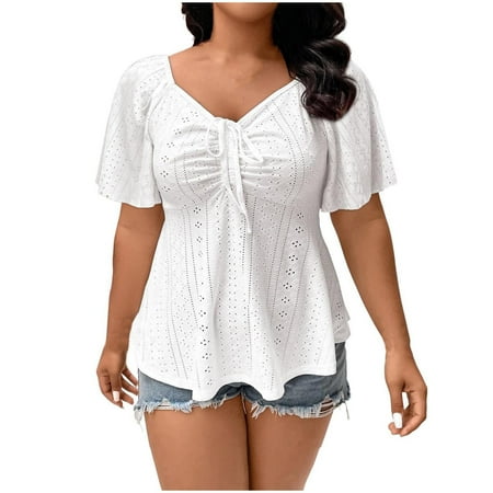 ZyeKqe Plus Size Eyelet Tops for Women Short Sleeve Shirts Lace up V Neck Pleated Tunic Top Babydoll Blouses