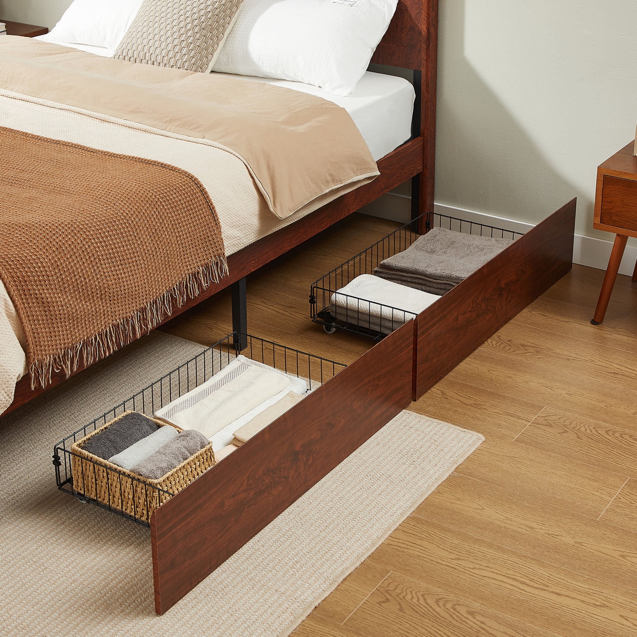 Noble House Queen Platform Bed Frame with Side Storage Drawers, Curved Wood Headboard, Natural Wood
