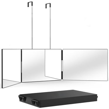 BN-LINK 3 Way Mirror for Self Hair Cutting, 360 Trifold Mirror with Height Adjustable Telescoping Hooks, Foldable Three Sided Mirror for Shaving, Makeup, Hair Styling(Black)
